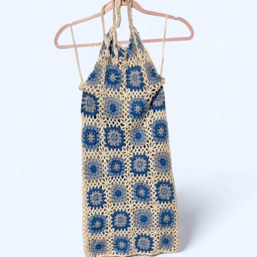 Crotchet blue and white halter mini dress beach cover up small